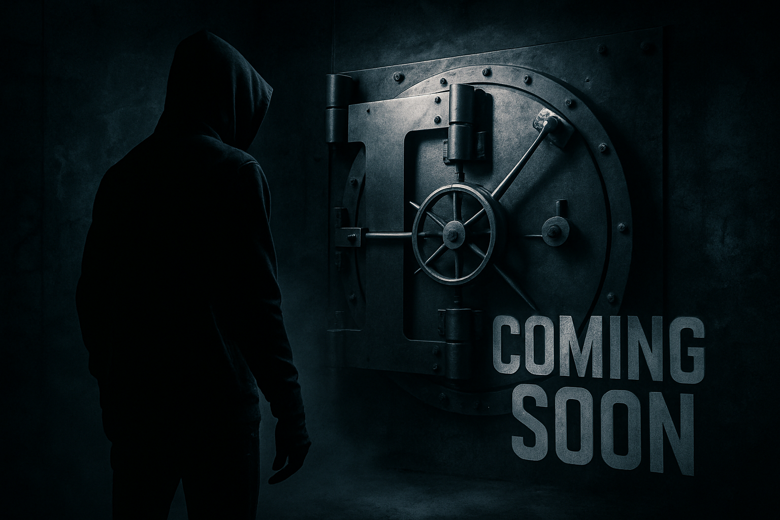 have a black hooded figure with black gloves standing in front facing an urban styled vault with a dark background and a spotlight over the vault. and add coming soon 